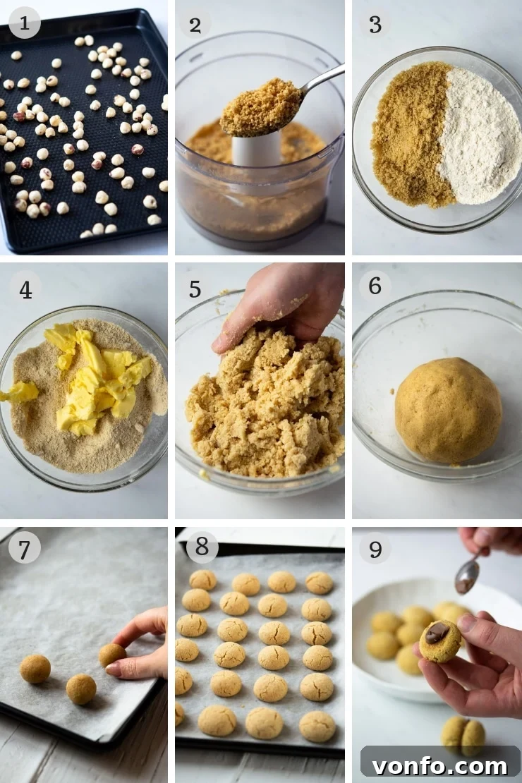 A visual guide showing the progression of dough making for Lady's Kisses, from combining dry ingredients with butter to forming and chilling the dough.
