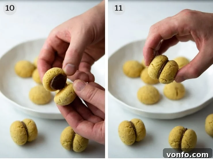 A two-part collage showing the simple process of sandwiching two delicate Lady's Kisses cookies together with a rich chocolate hazelnut filling, illustrating the final assembly step.