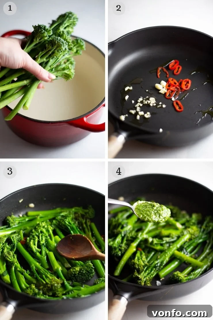 Step-by-step photos illustrating the cooking process for sautéed broccolini, from parboiling to sautéing with garlic and chili