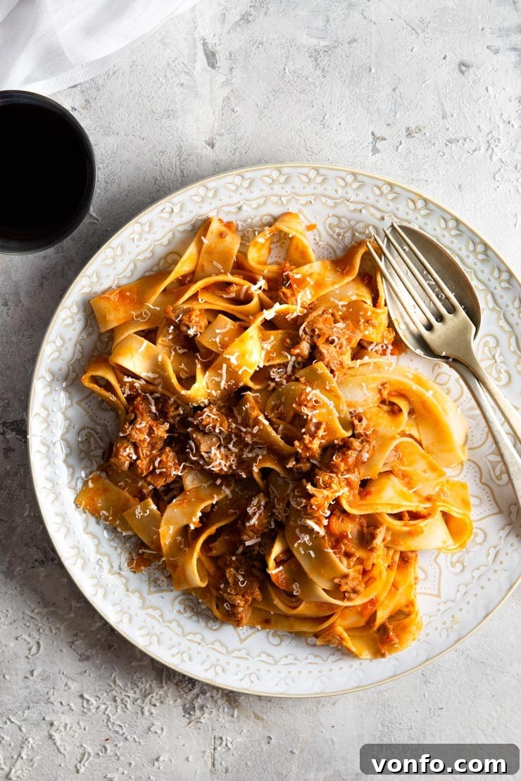 An overhead shot of a bowl of duck ragu with pappardelle pasta, garnished with fresh parmesan