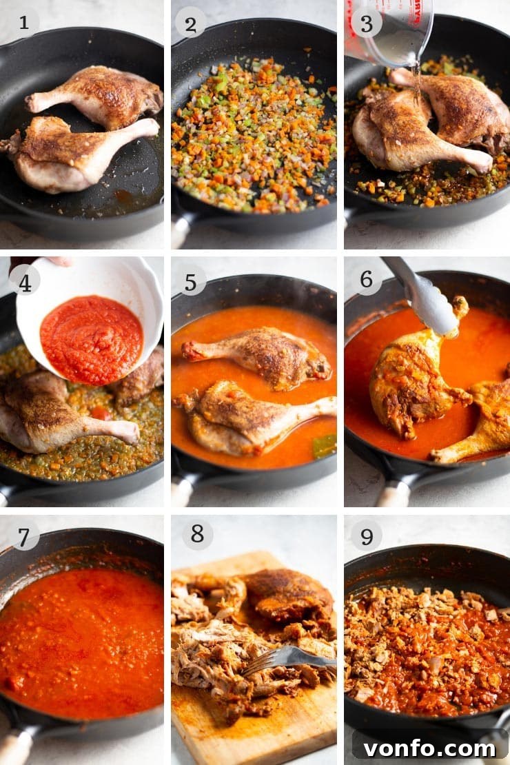 Step by step photos for making Venetian duck ragu showing searing, sauteing vegetables, and simmering