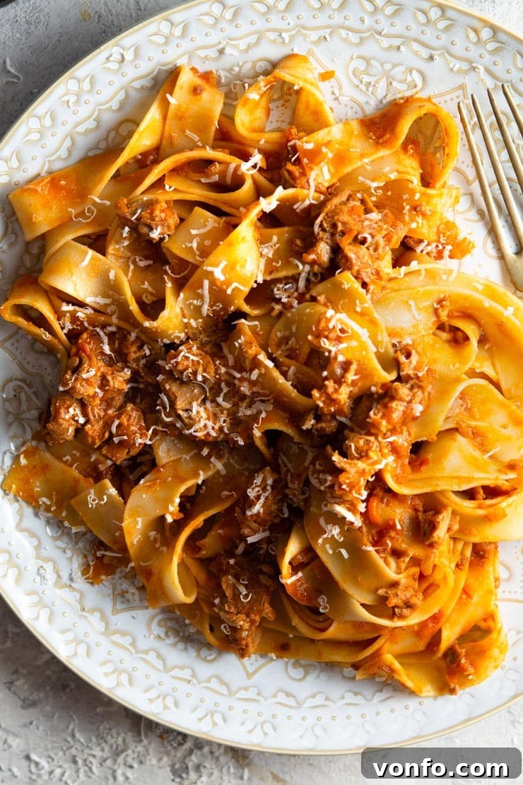 A close up of pappardelle pasta with duck ragu and parmesan cheese