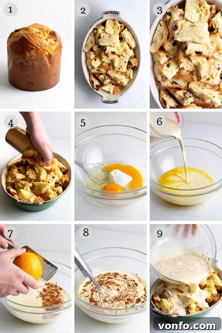 Step-by-step guide to baking Panettone Bread Pudding. Step-by-step photos illustrating the process of making Panettone Bread Pudding from scratch.