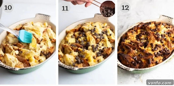 Visual guide for preparing Panettone Bread Pudding. A series of three step-by-step photos detailing the preparation of Panettone Bread Pudding.