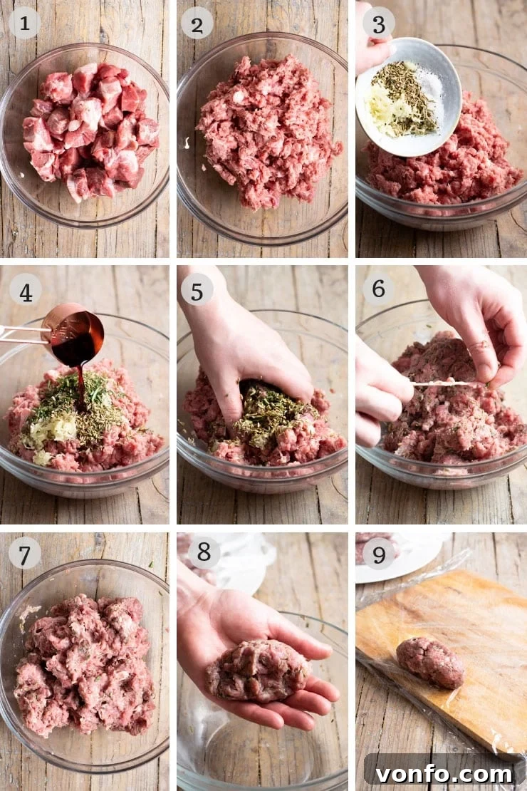 Homemade Sausage Preparation Steps Step-by-step visual guide showcasing the process of mixing and shaping homemade Italian sausage meat.