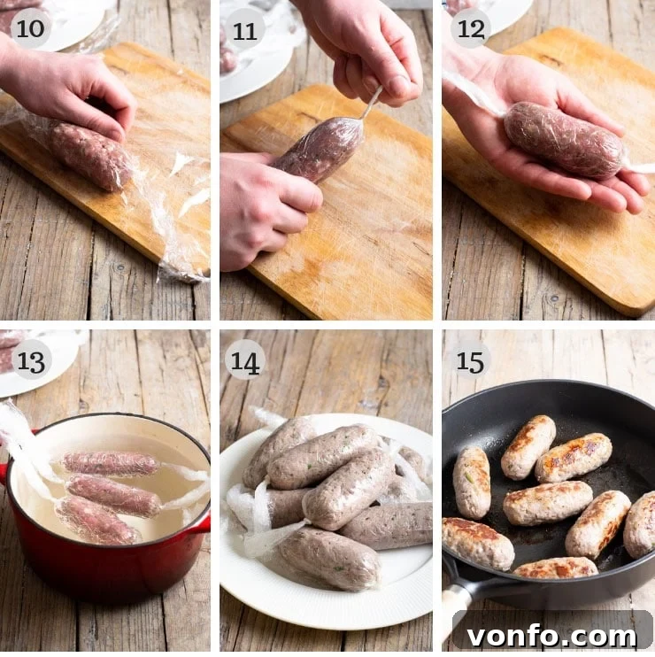 Sausage Rolling and Wrapping Technique Detailed step-by-step photos demonstrating how to roll and wrap homemade Italian sausage links using cling film for a perfect shape.