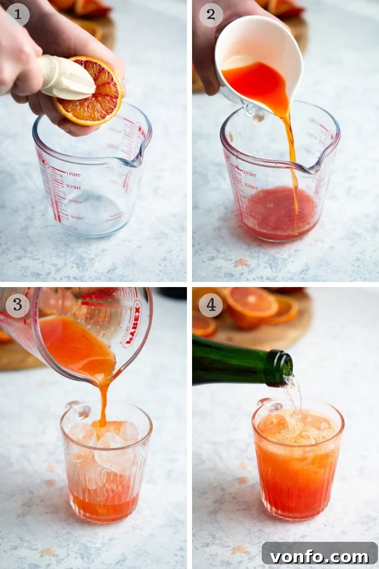 Simple Steps to Mix Your Perfect Blood Orange Cocktail Step by step photos for making a blood orange cocktail, showing the squeezing of orange juice and mixing of liqueurs.