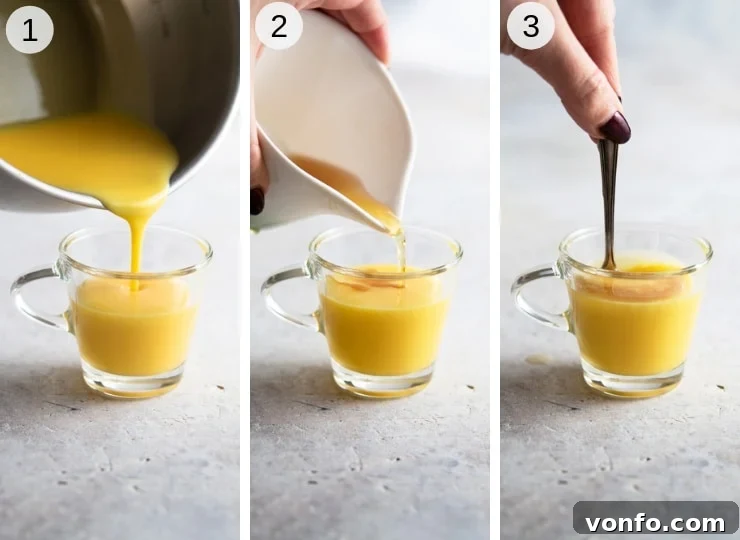 Step-by-step photos demonstrating how to prepare a Bombardino drink, from heating the liqueur to adding cream and cinnamon.