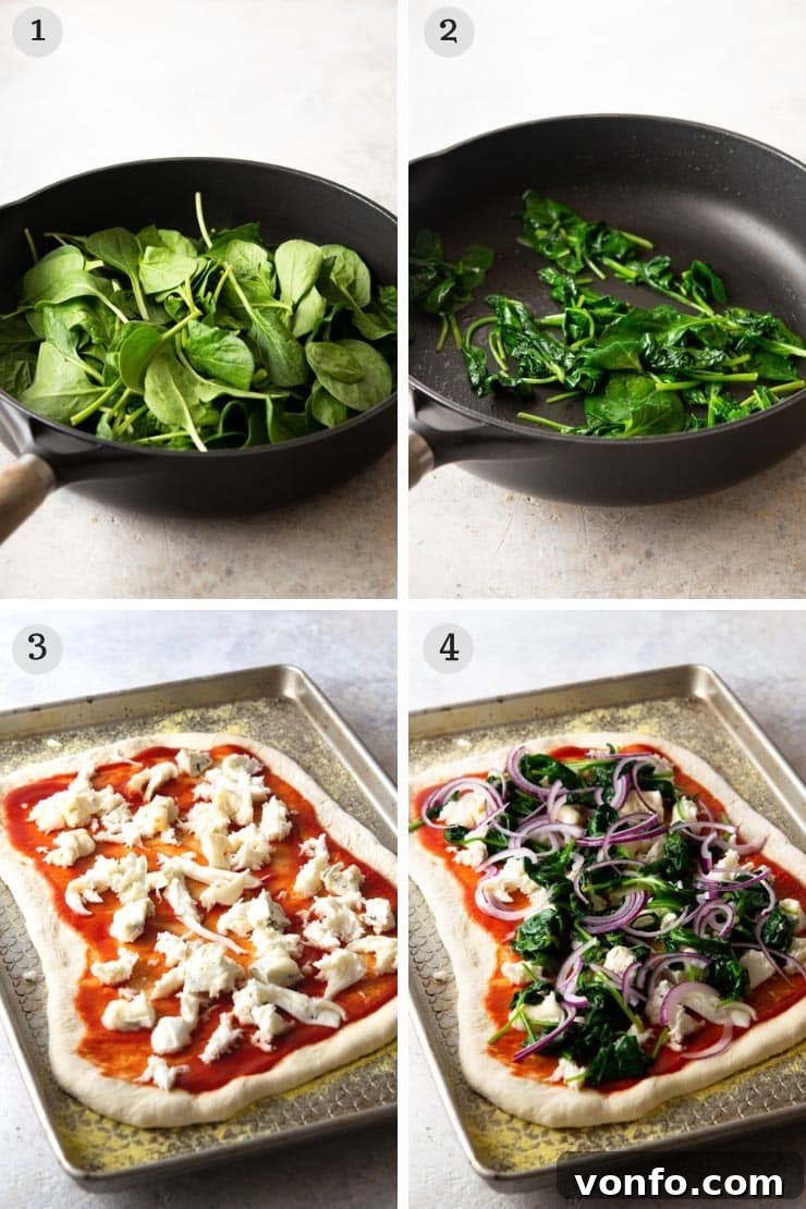 Spinach Pizza Making Process: From Wilted Spinach to Topping the Dough A visual step-by-step guide illustrating the process of making spinach pizza, including wilting spinach, preparing the dough, and applying toppings before baking.
