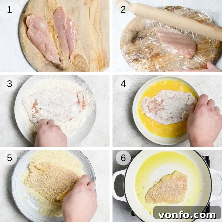 Step-by-step photos illustrating the breading process for Italian chicken cutlets, showing chicken being pounded, dipped in flour, egg, and finally breadcrumbs, ready for frying.