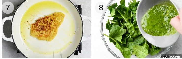 A collage of step-by-step photos demonstrating the frying of chicken cutlets to golden perfection, alongside the preparation of fresh pesto and spinach for serving.
