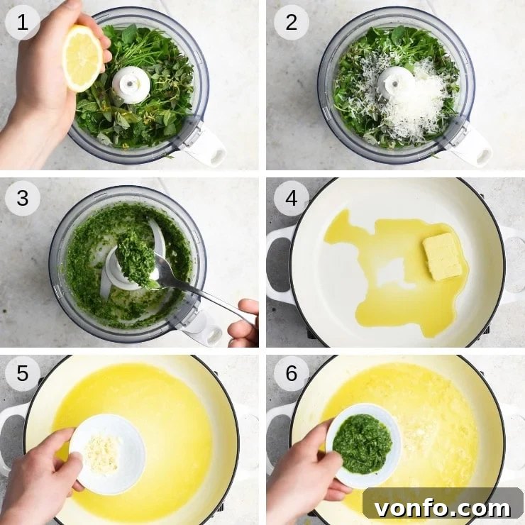 Step by step photos for making herby garlic butter pasta sauce with spaghetti