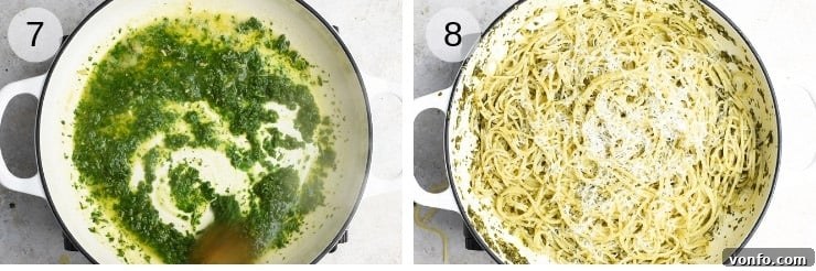 Two process shot of tossing spaghetti with herb garlic butter pasta sauce