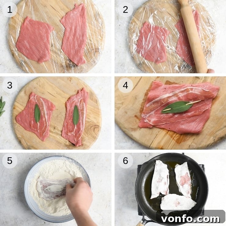 Veal Saltimbocca - preparation steps including pounding veal, wrapping with prosciutto and sage, and securing with toothpicks. Step-by-step photos illustrating the preparation of Veal Saltimbocca, from pounding the veal to securing prosciutto and sage.