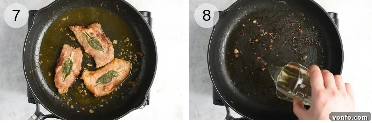 Veal Saltimbocca - sauce preparation, showing deglazing the pan with wine to create a flavorful accompaniment. Two sequential shots demonstrating how to create the rich pan sauce for Veal Saltimbocca by deglazing with white wine.