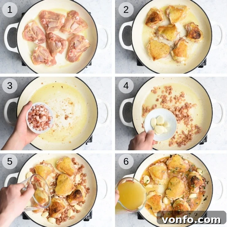 Searing Chicken and Pancetta for Tuscan Chicken Step by step photos for making creamy Tuscan chicken