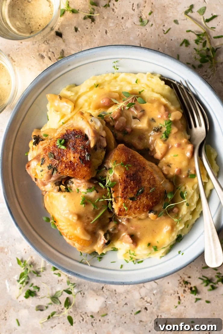 Creamy Tuscan Chicken Served with Mashed Potatoes An overhead shot of creamy Tuscan chicken with mashed potatoes in a blue bowl