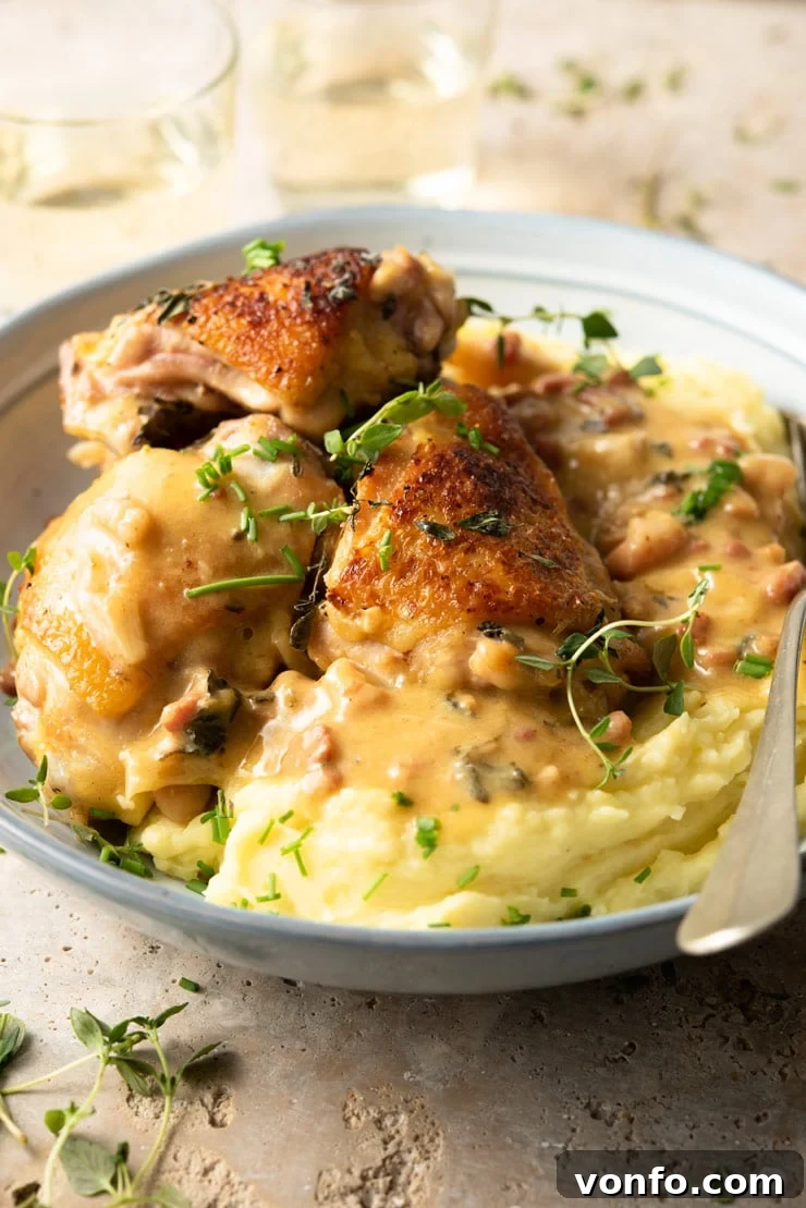 Comforting Creamy Tuscan Chicken Side View A side shot of creamy Tuscan chicken in a blue bowl with mashed potatoes