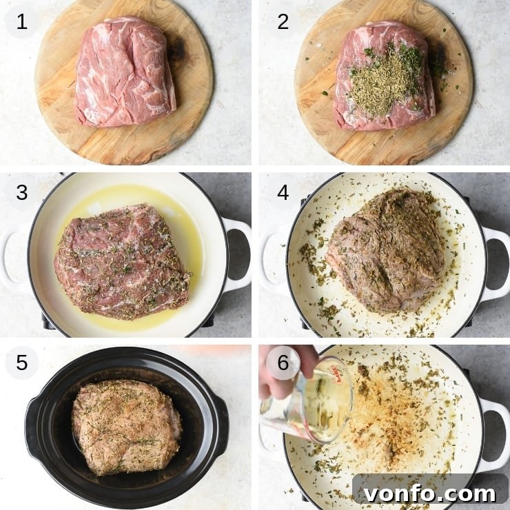 Rustic Italian Pulled Pork 3 Step by step photos showing how to make slow cooker pulled pork Italian style, from seasoning to searing