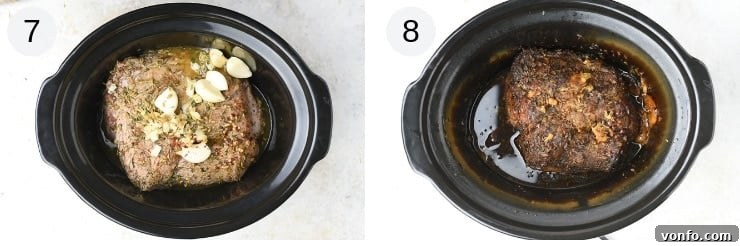 Rustic Italian Pulled Pork 4 Two photos showing before and after cooking pulled pork in a slow cooker, emphasizing tenderness