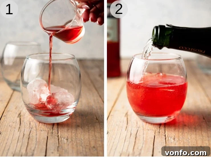 Easy steps to create a beautiful Campari Spritz at home. A step-by-step visual guide showing how to prepare a Campari Spritz cocktail, from adding ice and Campari to topping with prosecco and sparkling water.