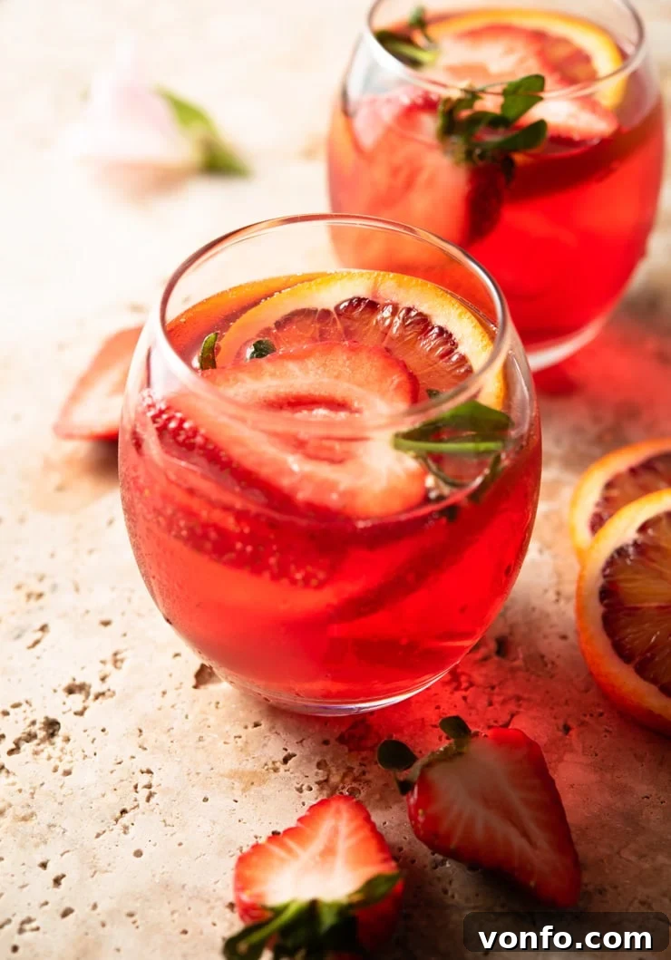 The refreshing and beautifully garnished Campari Spritz. A close-up view of a vibrant Campari Spritz cocktail served in a glass, garnished with fresh strawberry slices and an orange wedge, evoking a sense of refreshing enjoyment.