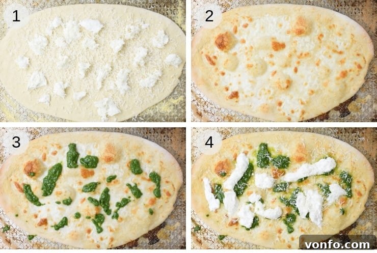 Step-by-step imagery for preparing a homemade Cheesy Basil Burrata Pizza with fresh ingredients. A vibrant close-up of a golden-crusted Cheesy Basil Burrata Pizza, adorned with fresh basil leaves, creamy burrata cheese, and glossy green pesto, ready to be served.
