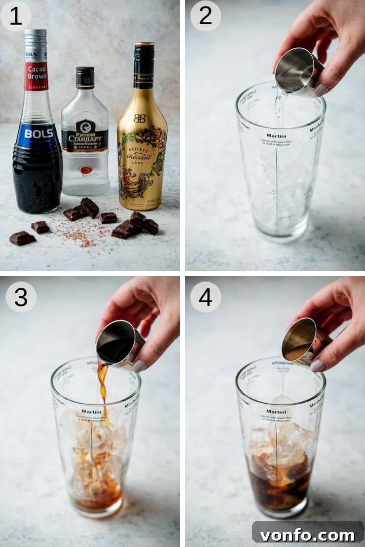 Chocolate Martini Preparation Steps Step-by-step photographic guide for preparing a chocolate martini, demonstrating the pouring of ingredients into a shaker.