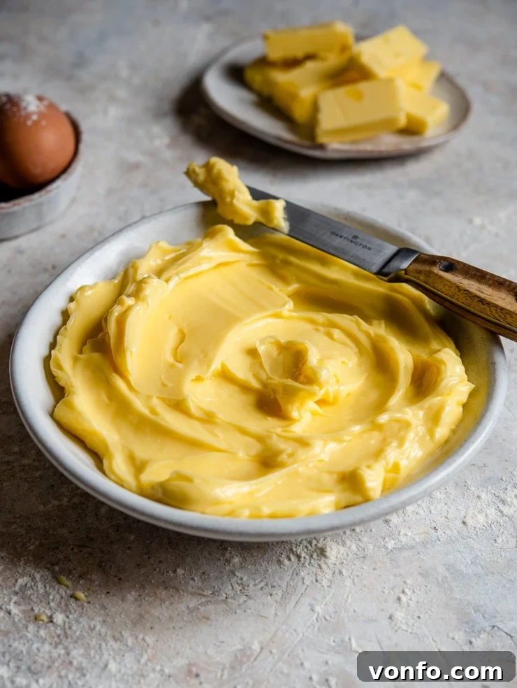 A side shot of creamy, softened butter in a white bowl with a butter knife resting beside it, indicating perfect texture.