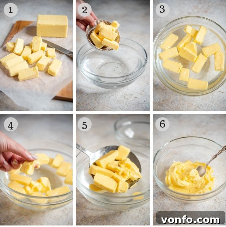 A three-panel image showing the step-by-step process: cutting butter, placing it in tepid water, and butter softening.