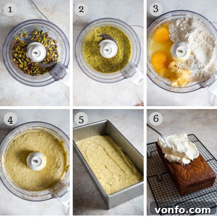 Pistachio Cake Recipe Step-by-Step Photos A series of step-by-step photographs demonstrating the process of making a pistachio cake, from grinding the nuts to mixing the batter and preparing it for baking.