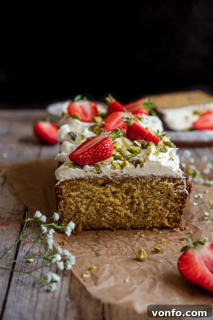 Homemade Pistachio Cake Slice with Fruit A side view of a slice of moist pistachio cake, elegantly garnished with fresh strawberries and a dollop of whipped cream, resting on a wooden surface.