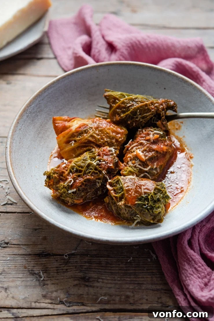 A rustic bowl filled with perfectly rolled Italian stuffed cabbage rolls, generously covered in a rich tomato sauce and ready to be enjoyed.