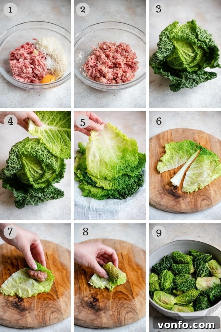 A sequence of step-by-step photos illustrating the preparation of the meat filling and the initial blanching of cabbage leaves for Italian stuffed cabbage rolls.