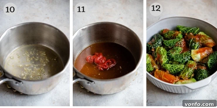 Close-up step-by-step photos depicting the preparation of the simple tomato sauce, showing the sautéing of garlic, reduction of white wine, and combination with stock and tomato paste.