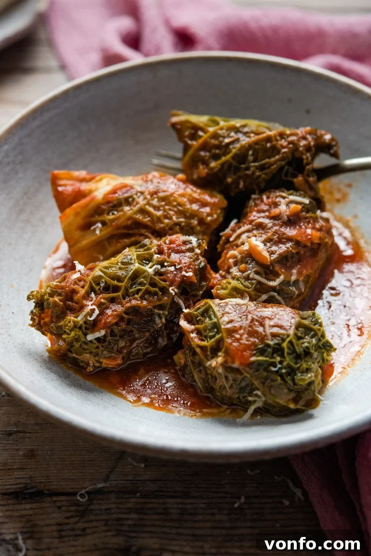 A beautifully composed close-up shot of Italian stuffed cabbage rolls in a rustic ceramic bowl, glistening with rich tomato sauce and garnished with fresh herbs, highlighting their comforting appeal.