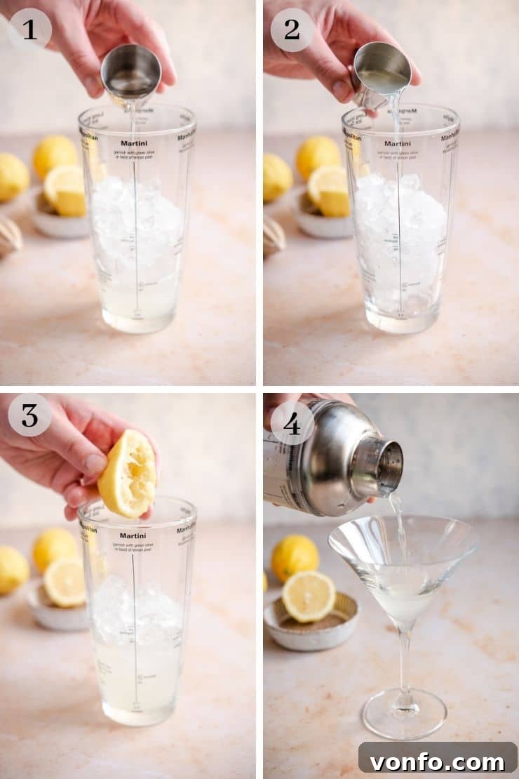 Step-by-step photos illustrating how to make a Limoncello Martini, showing ingredients being added to a cocktail shaker