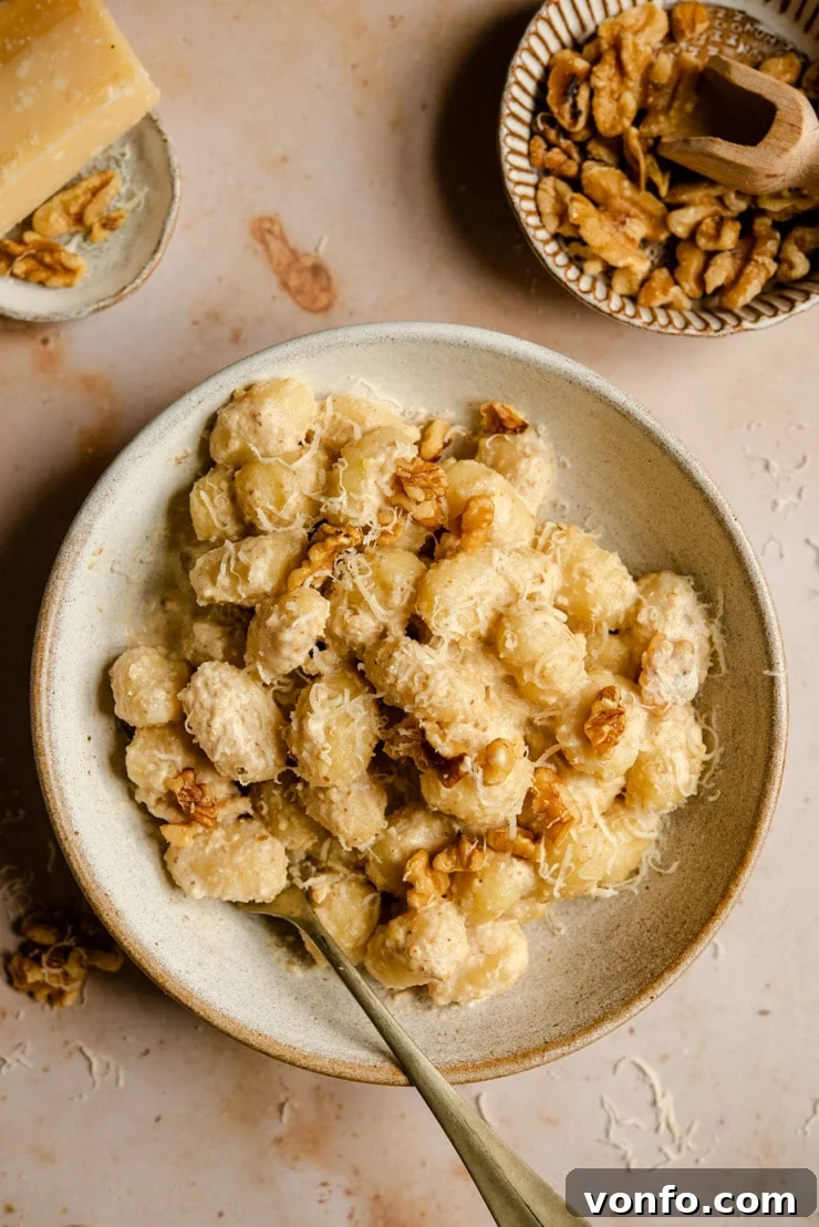 Delicious Walnut Sauce (Salsa di Noci) with Gnocchi An overhead shot of creamy walnut sauce generously tossed with delicate gnocchi, ready to be served