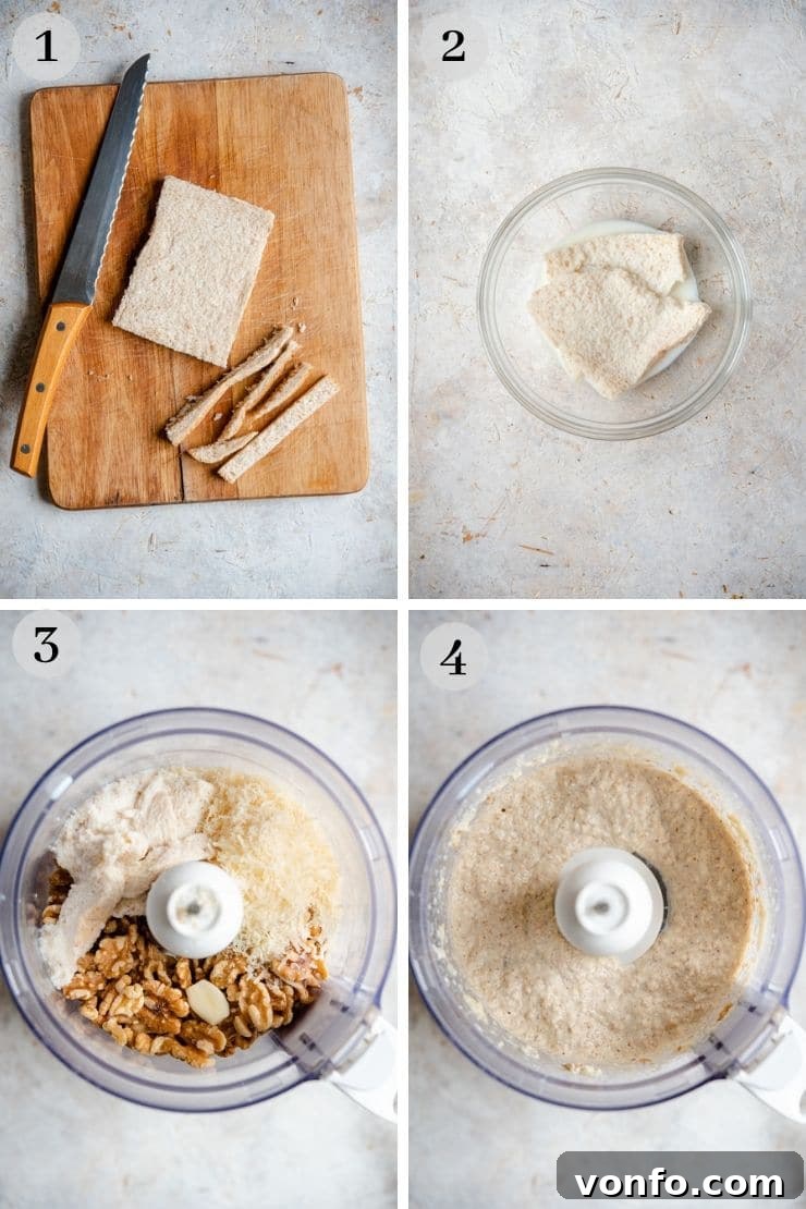 Visual Guide to Making Walnut Sauce Step-by-step photos illustrating the process of preparing creamy Italian walnut sauce