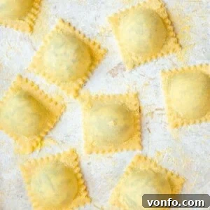 Beautiful homemade ravioli square, ready for cooking and serving.