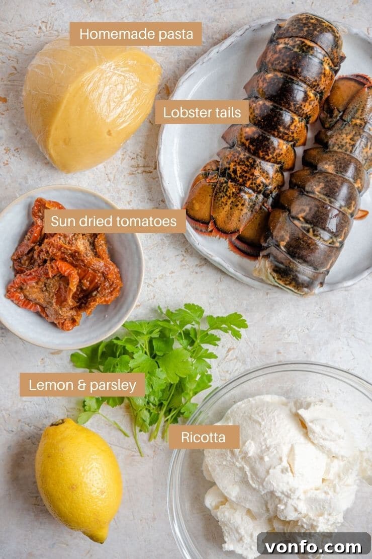 Ingredients for the Lobster Ravioli Filling A photo displaying all the fresh ingredients required to prepare the lobster ravioli filling, including ricotta, sun-dried tomatoes, lemon, and parsley.
