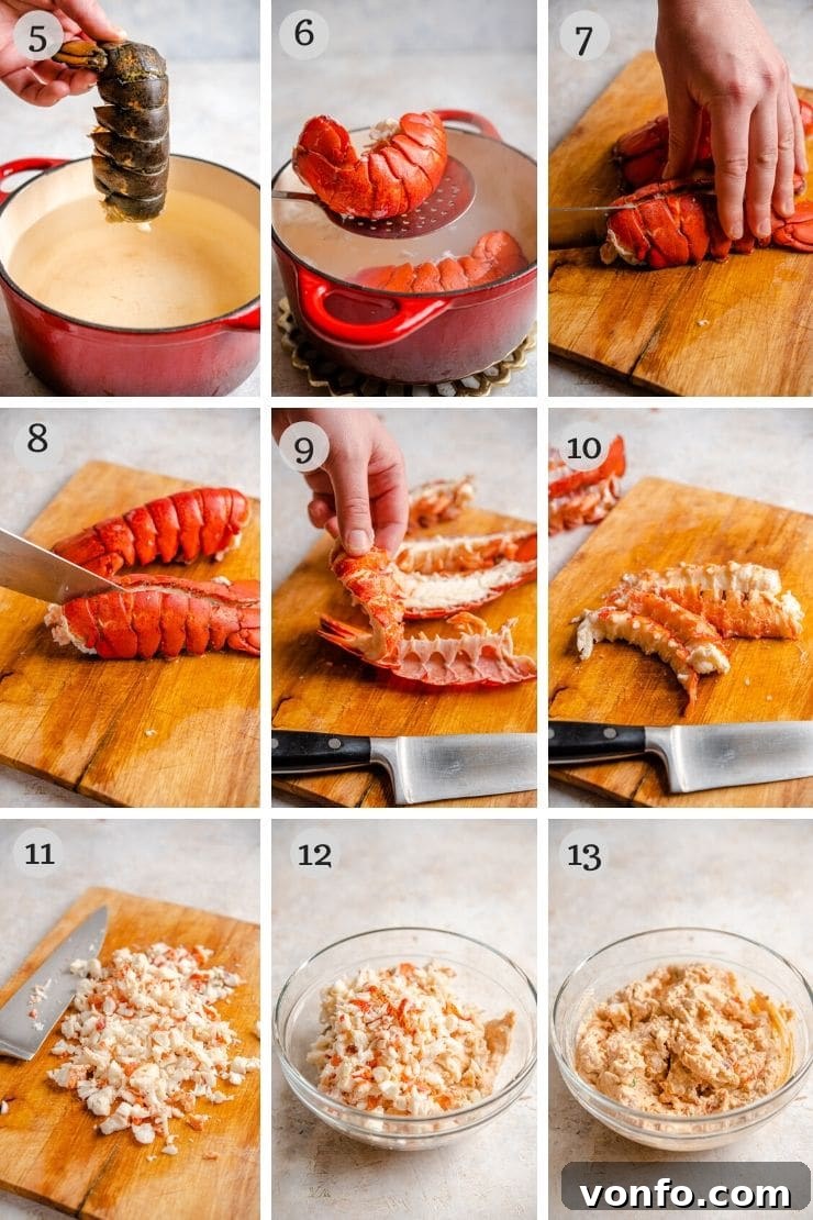 Preparing Lobster for Ravioli Step-by-step photos illustrating the process of preparing lobster for ravioli, from cooking to chopping the meat.