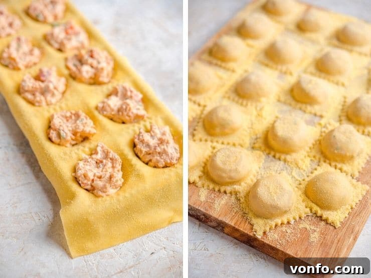 Filling and Sealing Lobster Ravioli Two photos demonstrating how to expertly fill and seal homemade lobster ravioli, showcasing the delicate process.