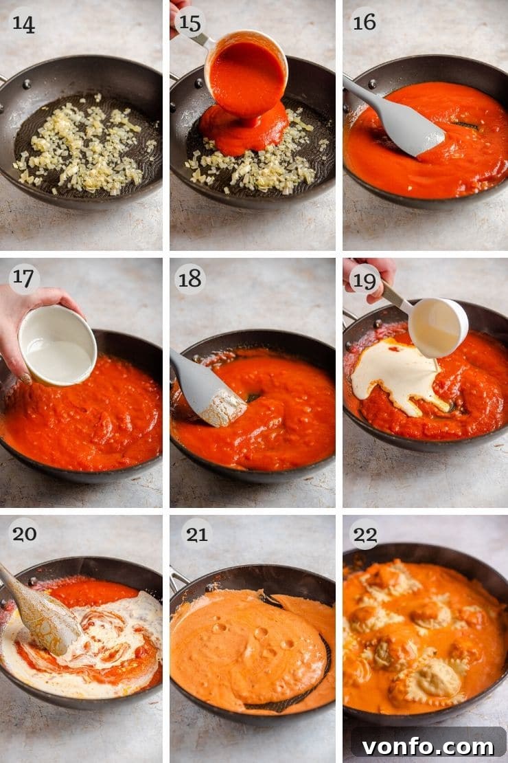 Making the Vodka Cream Sauce Step-by-step photos illustrating the preparation of the creamy vodka sauce, from sautéing aromatics to simmering the tomatoes.