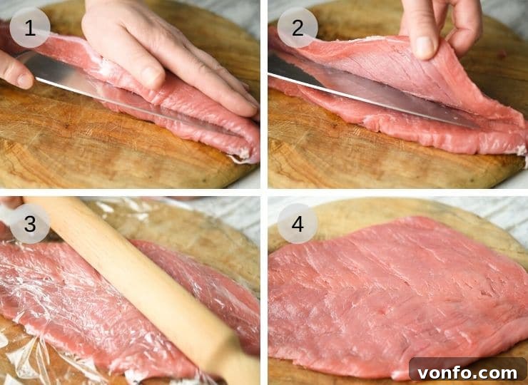 Butterflying pork tenderloin for stuffing: an easy guide to preparing your pork fillet. Step-by-step photos illustrating how to properly butterfly a pork tenderloin, showing the lengthwise cut and flattening process.