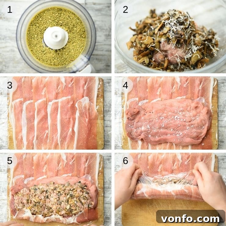Stuffing pork tenderloin: A visual guide to preparing your Italian-inspired roast. Step-by-step photos illustrating how to stuff a pork tenderloin, showing the layering of prosciutto, stuffing, and the initial roll.