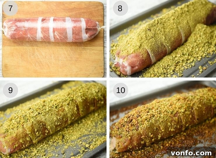 Rolling and pistachio coating for stuffed pork tenderloin: Achieving a perfect crust. Step-by-step photos illustrating how to roll and coat a stuffed pork tenderloin with pistachios.