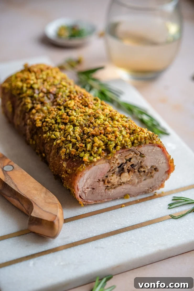 Whole Stuffed Pork Tenderloin: A beautiful roast ready to carve. A whole stuffed pork tenderloin on a cutting board, perfectly roasted and ready to be sliced.