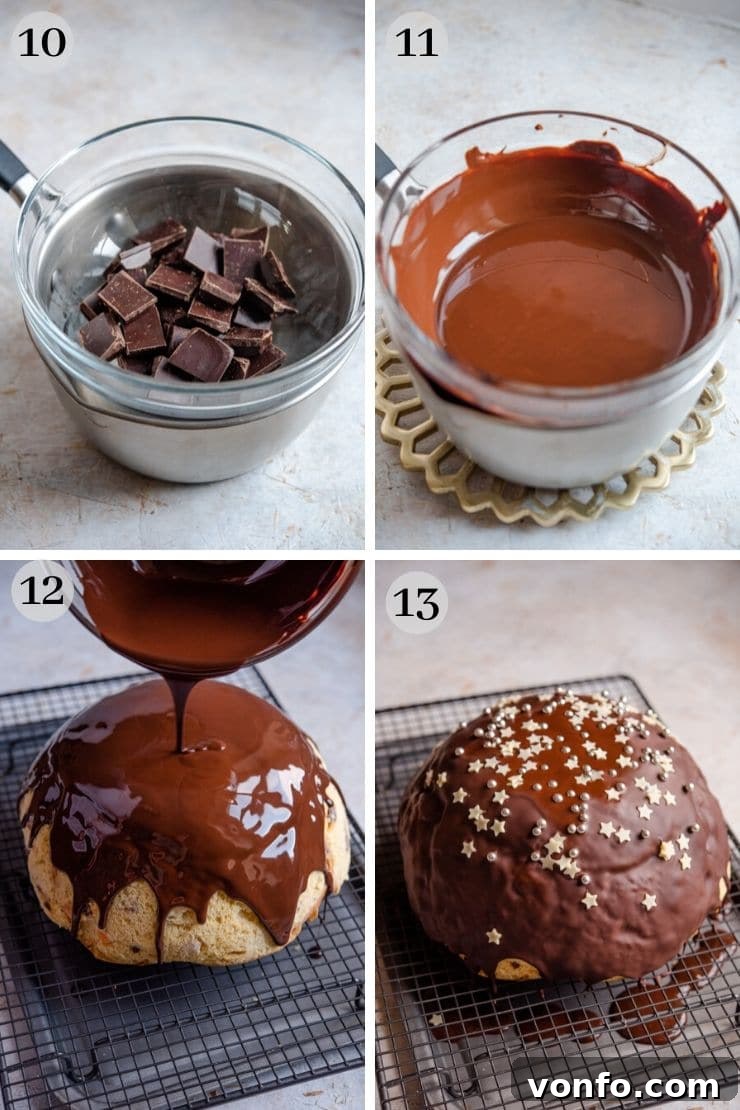 Detailed steps for preparing the semifreddo, filling the panettone bombe, and melting chocolate for the glaze.