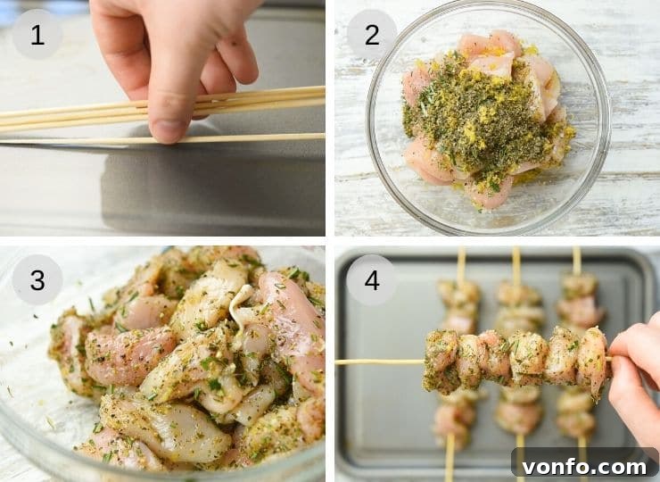 Step-by-step photos illustrating the process of making Italian Chicken Spiedini, from preparation to marination.
